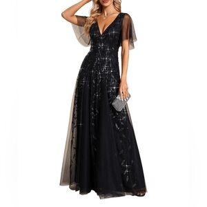 Ever-Pretty Women's Sequin Formal Dress Sparkly V-Neck Evening Gown - Black, 20